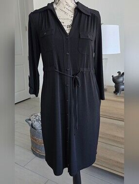 Black Long-Sleeve Button-Front Dress with Waist Tie